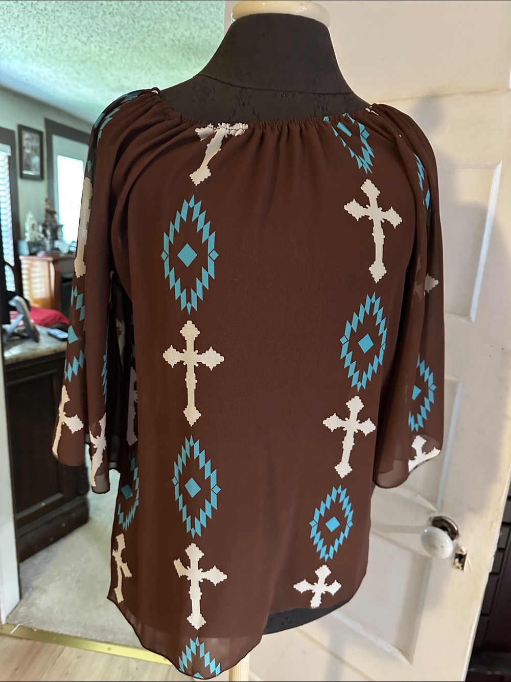 Brown Printed Women's Blouse with Turquoise and White Motifs